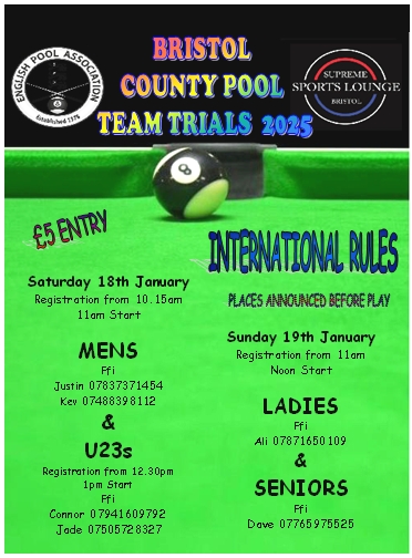 Poster advertising the details of the Bristol County Pool team Trials 2025.